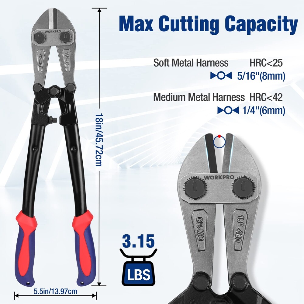 WORKPRO 18" Bolt Cutter Cutting Plier Tool Bi-Material Handle w/Soft Rubber Grip