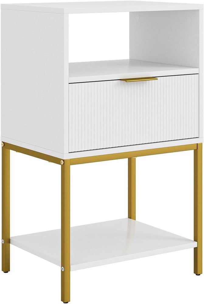 Nightstand Modern Bedside Table W/ Gold Frame 25.51''H End Table,White Night