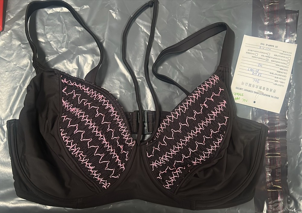 Black & Pink Embroidered Underwire Bikini Top - Size 36E - Front Clasp Design