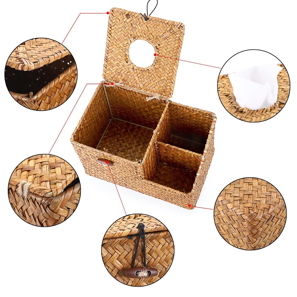 Square Woven Tissue Box Cover - Decorative Cube Tissue Box Holder with Side O...