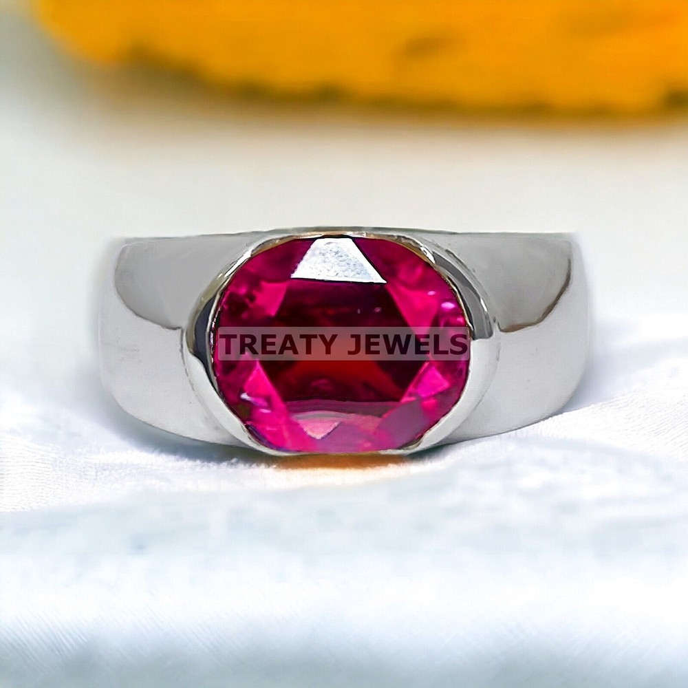 Ruby Oval Cut Gemstone With 14K Solid White Gold Ring For Men's #A23