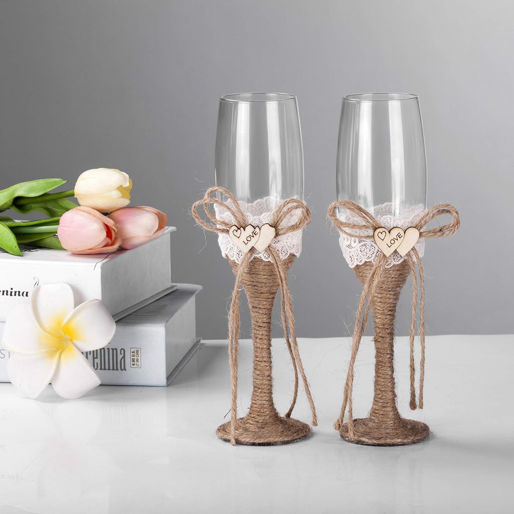 4 Pcs Set Rustic-Style Wedding Cake Knife and Server Set with Champagne Glasses