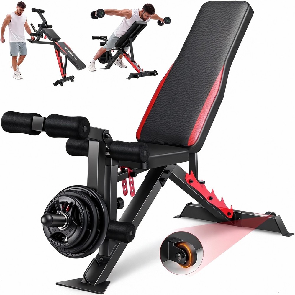 Folding Weight Bench Adjustable with Wheels & Handle Workout Bench for Home Gym
