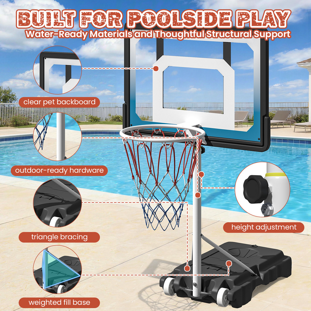 Adjustable Pool Basketball Hoop, Portable with Wheels, Includes Ball & Pump