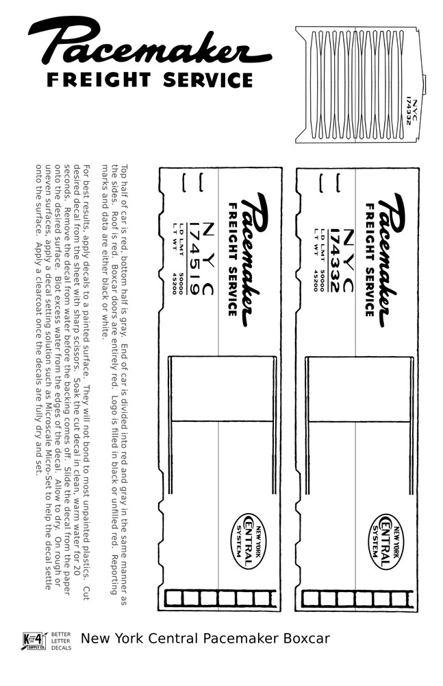 K4 N Scale Decals New York Central Pacemaker Boxcar