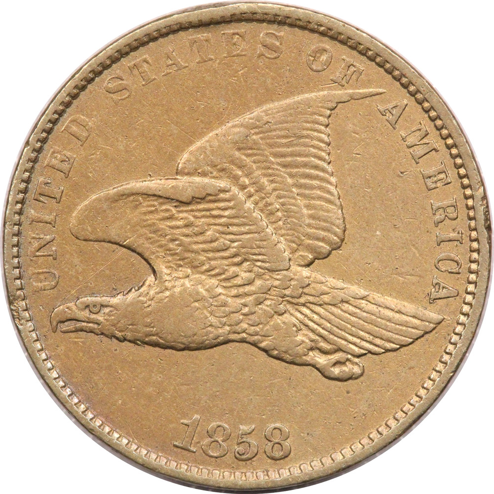 1858 Flying Eagle Cent 1C, About Uncirculated AU, Cleaned