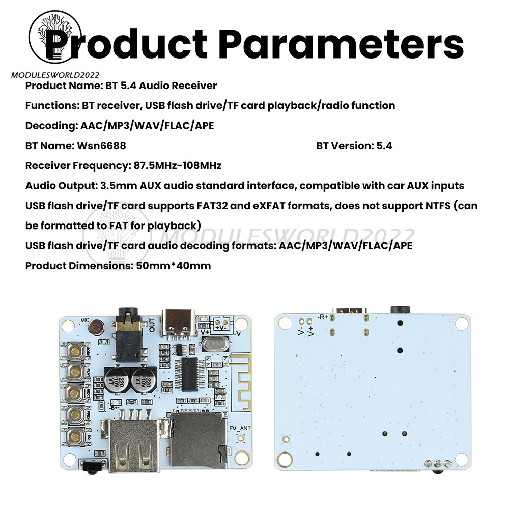 Bluetooth 5.4 Audio Receiver Board MP3 Lossless Decoder Decoding Module Type-C