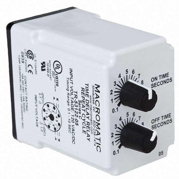 Macromatic Tr-55122-10 Single Function Time Delay Relay, Octal, Cycle On, 1