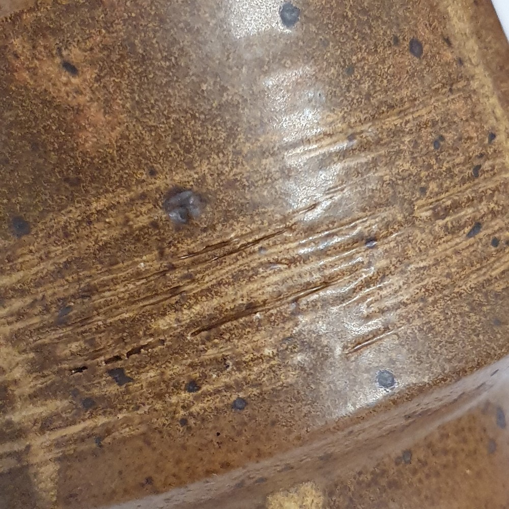 Vintage MCM Earthenware Covered Jar Ash Glaze Threaded 6.5"H Signed