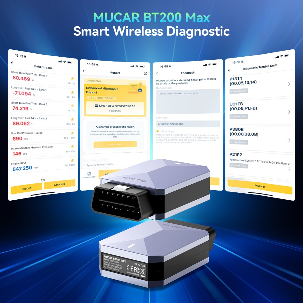 MUCAR BT200 MAX Car AI Diagnostic OBD2 Scanner Tool CAN-FD & FCA Supported
