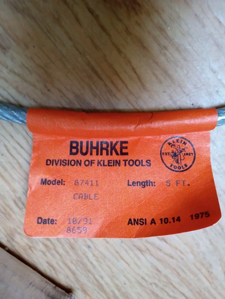 NOS KLEIN TOOLS / BUHRKE 5 FT LINEMAN'S CABLE # 87411 FALL ARREST CABLE 1991