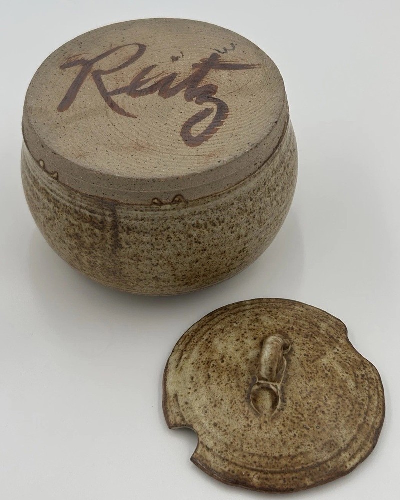 Signed Studio Pottery Lidded Jar Speckled Stoneware Rustic Trinket Jar Snail Lid