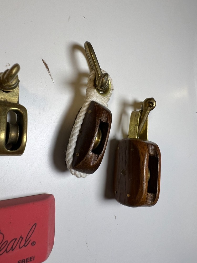 Small Tiny Antique Nautical Rope Blocks & Brass Shackles Wood & Rigging Pulley