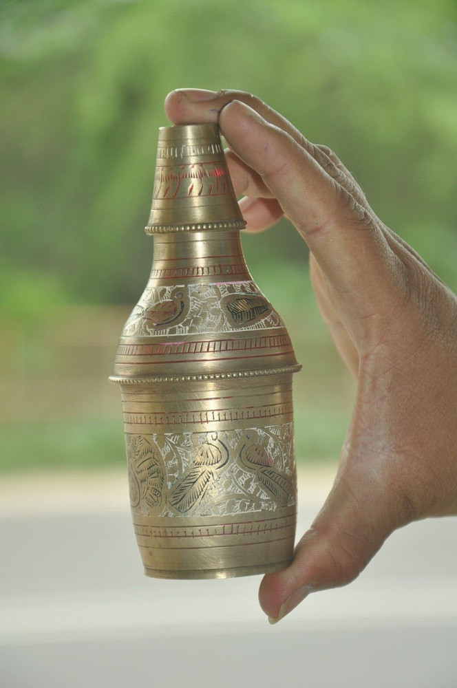 Vintage Unique Shape Brass Handcrafted Lacquer Work Powder Bottle
