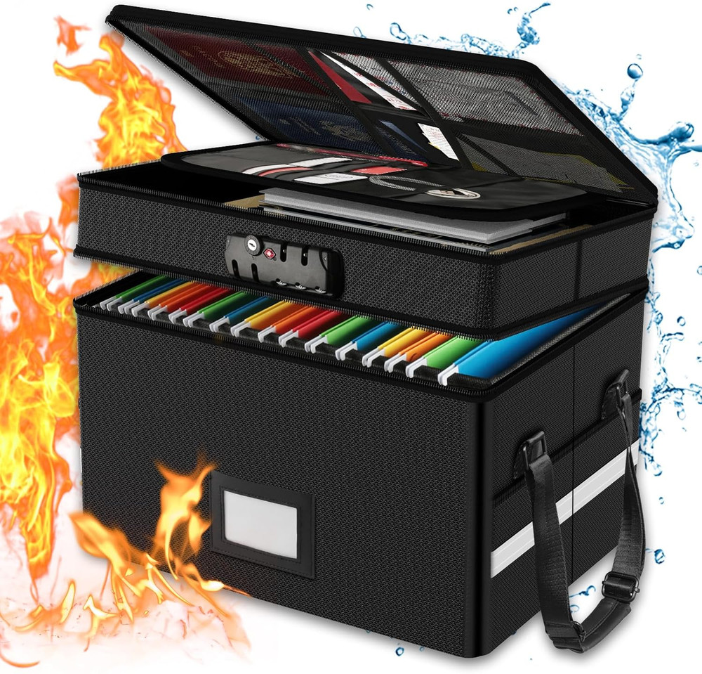 Fireproof Document Box with Lock - Portable 2 Layer File Safe for Home & Office
