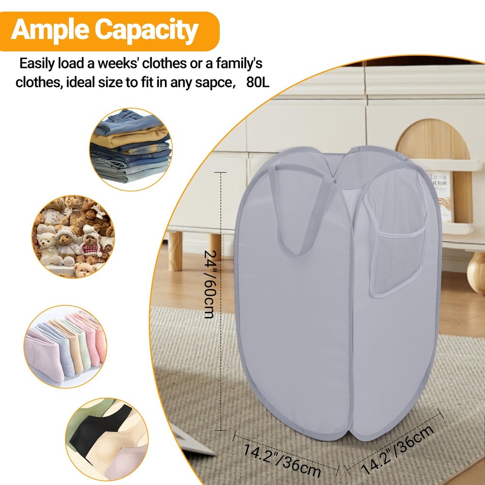 Sturdy Collapsible Laundry Baskets with Side Pocket, Pop Up Laundry Hamper Li...