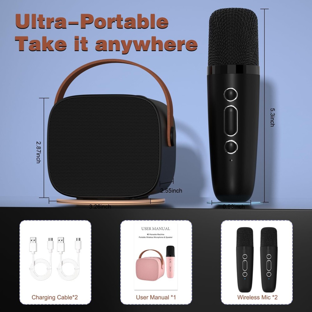 Mini Karaoke Machine with 2 Wireless Microphone,Bluetooth Speaker for Kids an...
