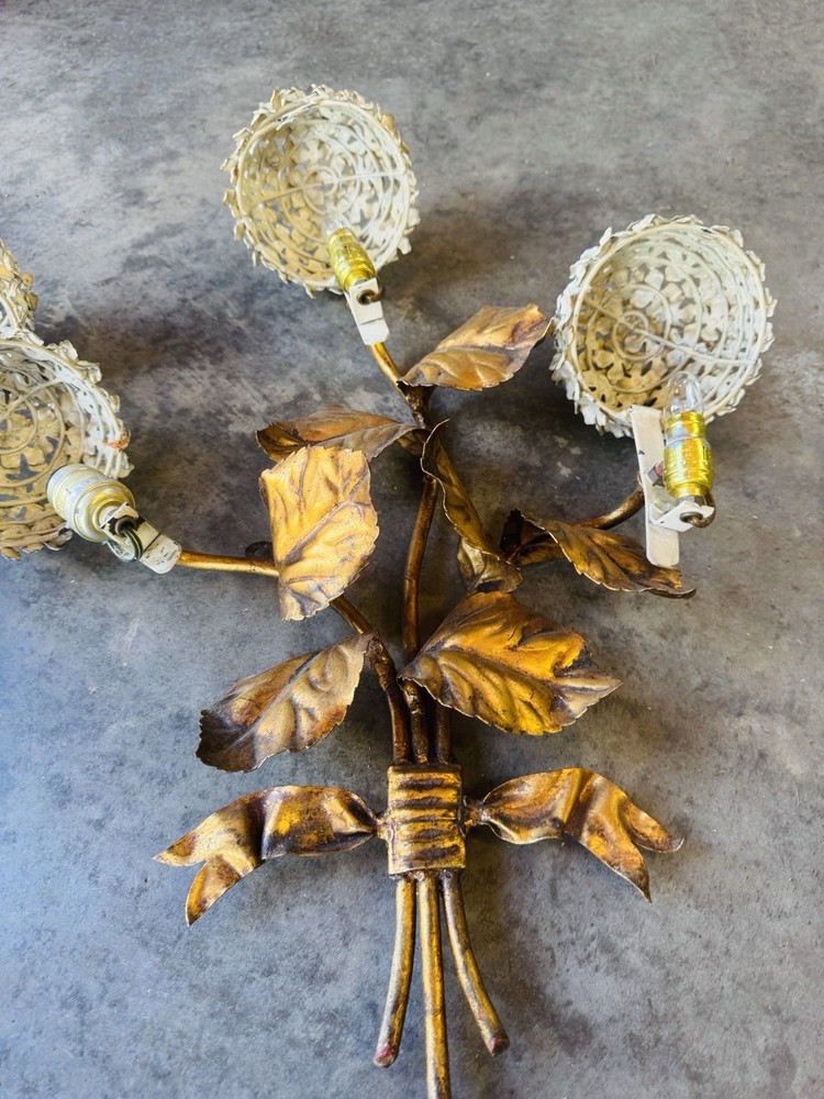 1950s Hydrangea Wall Light Sconces Italian Tole white enamel hydrangeas Pair