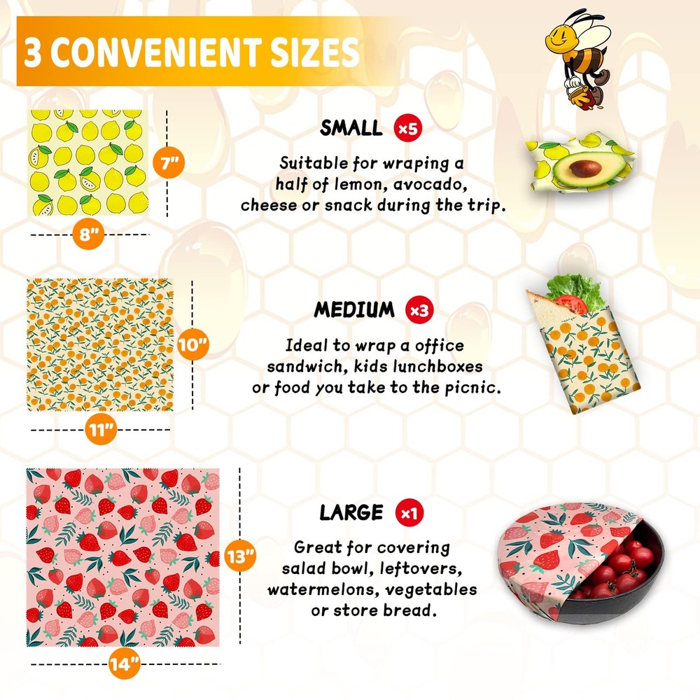 Eco Friendly Wraps 9, Beeswax Reusable Storage, Yellow
