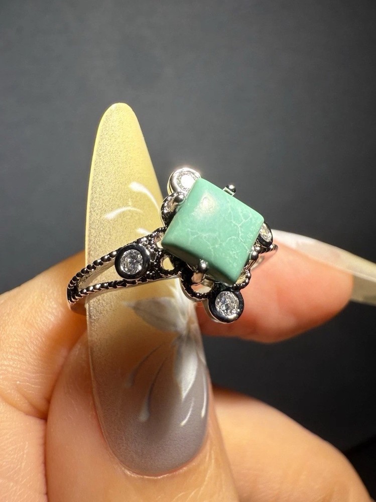 Natural Hubei Turquoise  Square Ring / Silver- plated/adjustable