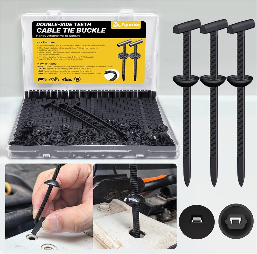 Aymier 60Pcs Upgraded Double-Side Teeth Self-Locking Nylon Universal Black