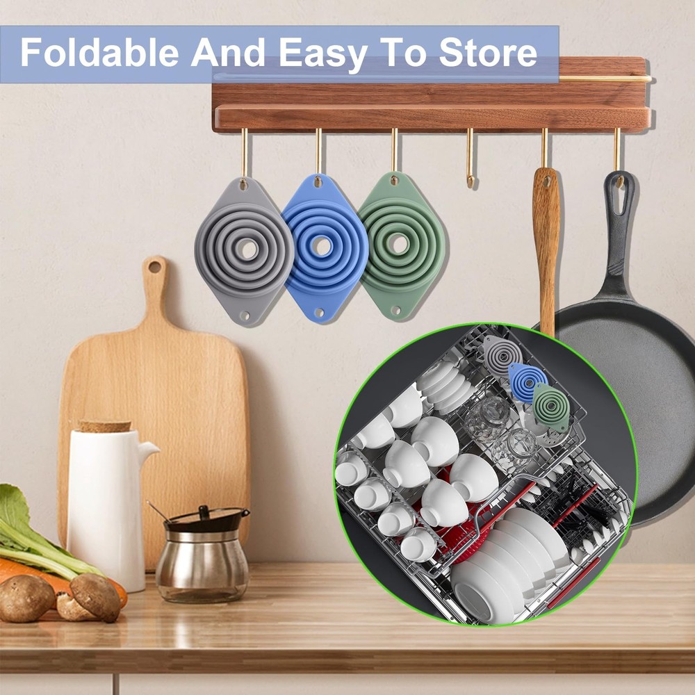 Kitchen Funnel Set 3 Pack, Collapsible Silicone Funnel for Kitchen Use Filling