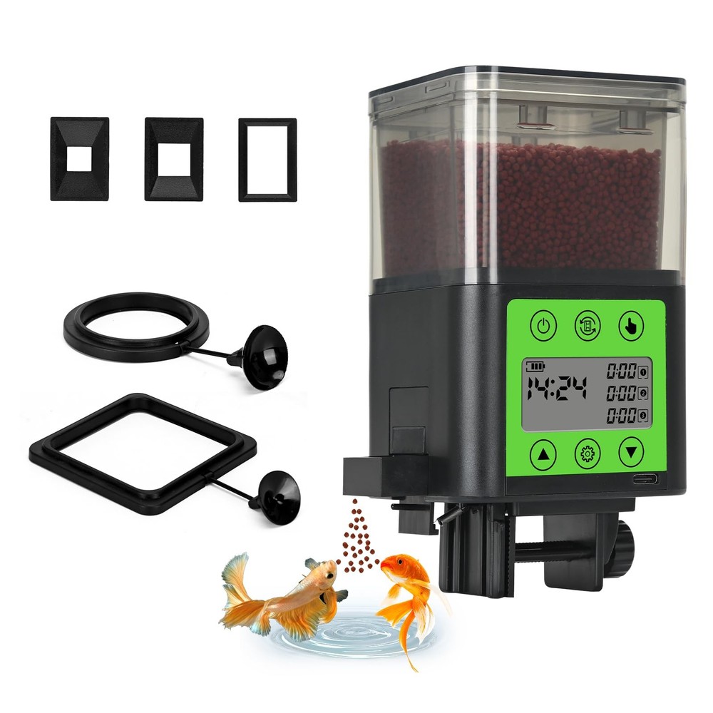 Lychee Automatic Fish Feeder - USB Rechargeable 320ML Large 320ml, Black