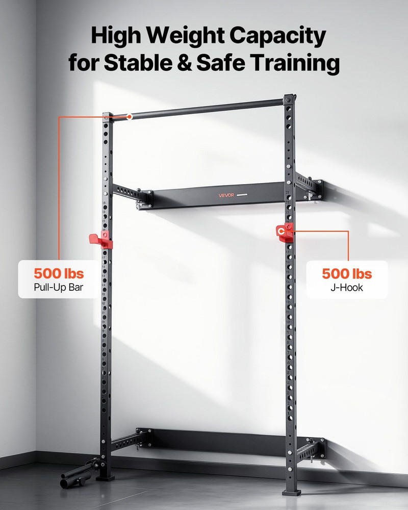 Wall-Mounted Folding Power Rack: 1000LB Capacity, Adjustable J-Hooks & Bar
