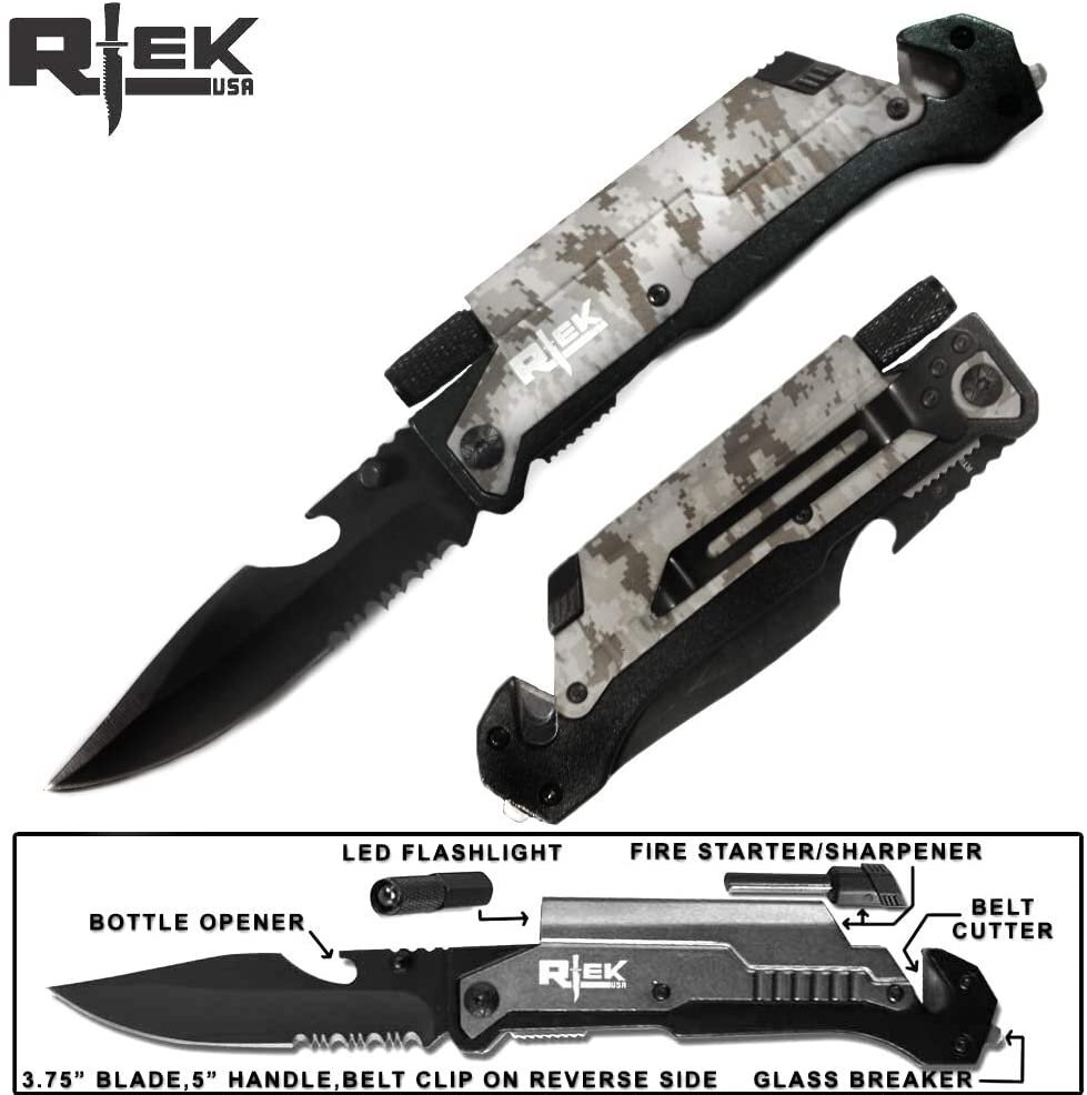 Camo Assisted Open Folding Blade Pocket Survival Knife + Fire Starter + Light