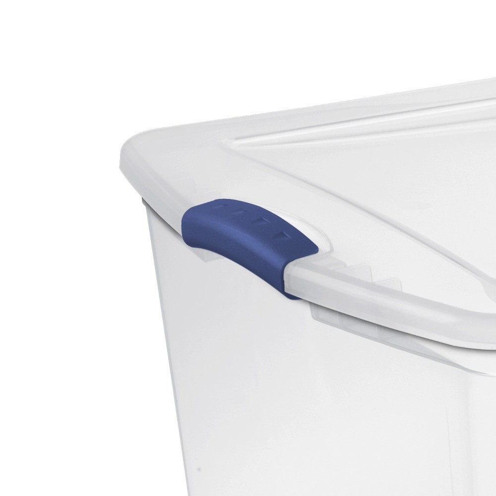 Clear Plastic Storage Bin with Blue Latches and Lid 105 Quart Latch Box