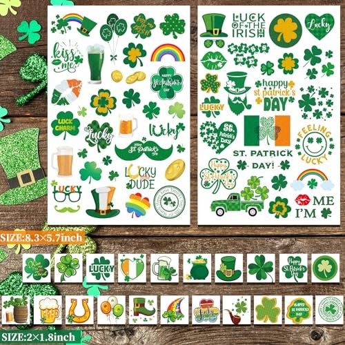 Day Temporary Tattoos, 23 Sheets St Patricks Day Glitter St Patricks