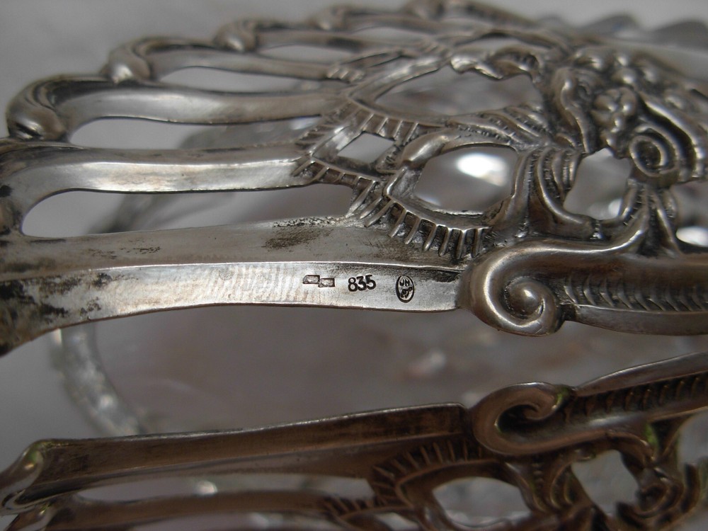 ANTIQUE SOLID SILVER CUT CRYSTAL SALT CELLAR,SWAN SHAPE,20th CENTURY.