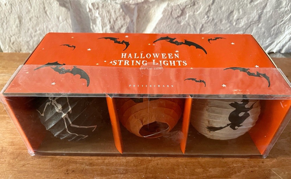 Pottery Barn Paper Lantern Pumpkin Witch Skeleton String Lights Halloween NIB