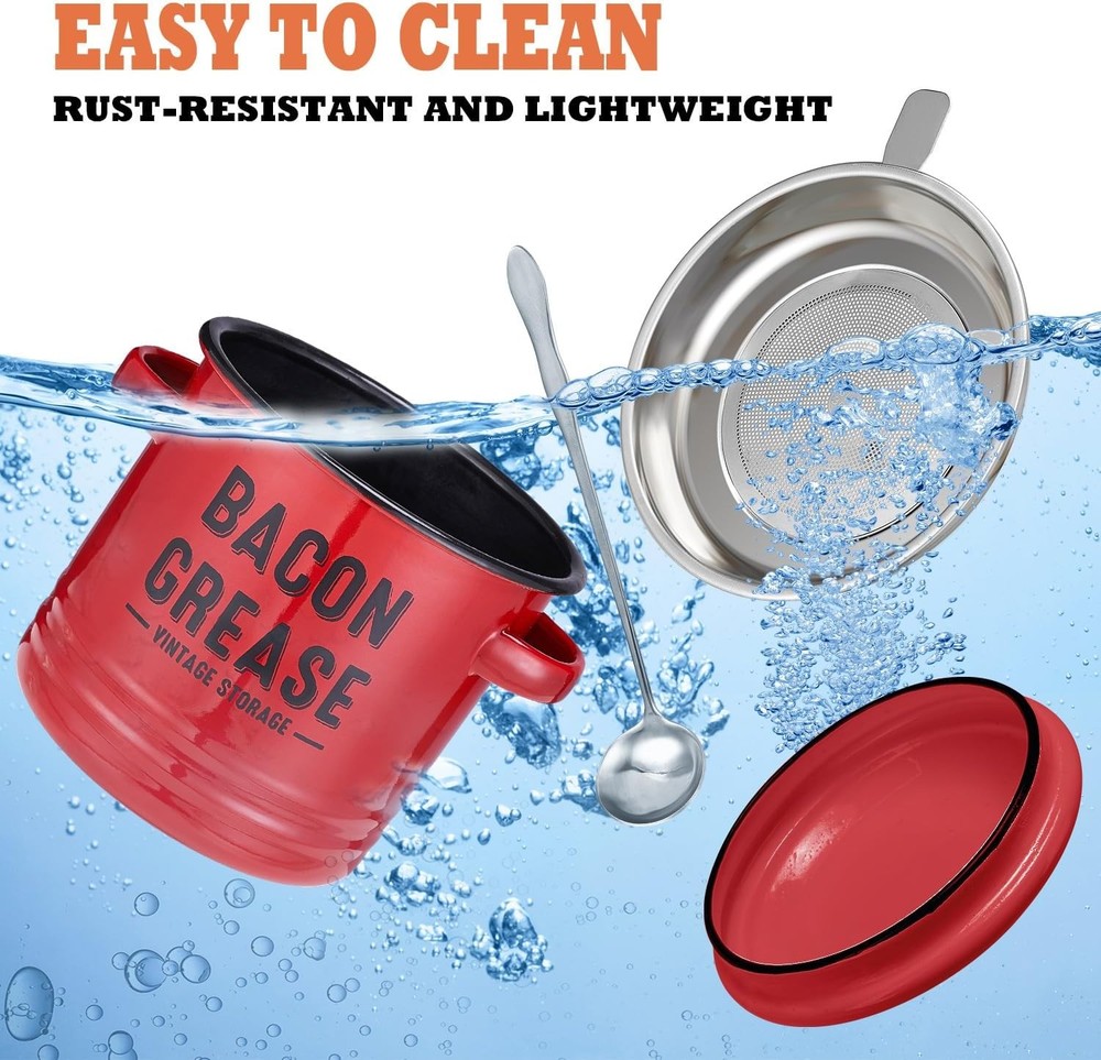 Bacon Grease Container with Strainer - Large Red Kitchen Oil Storage Can - Red