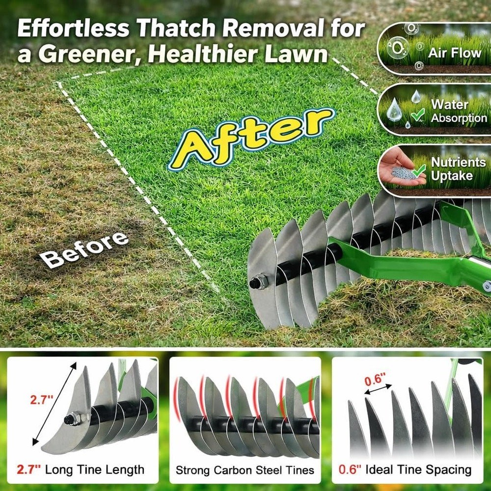 Heavy Duty Thatch Rake for Lawns - 13” Deep-Clean Dethatching Rake for Dead Gras