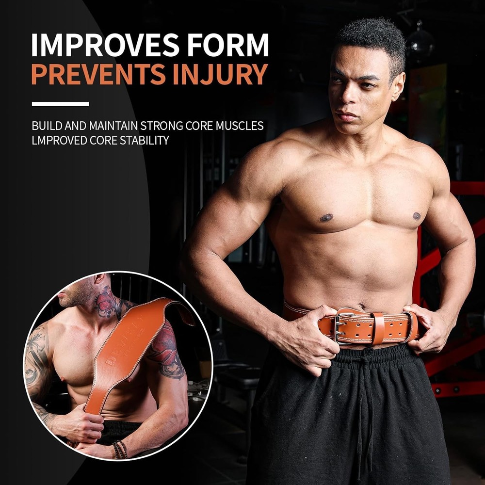 Leather Weight Lifting Belt, 4”& 6”Padded Lumbar Back Support, 10 Adjustable