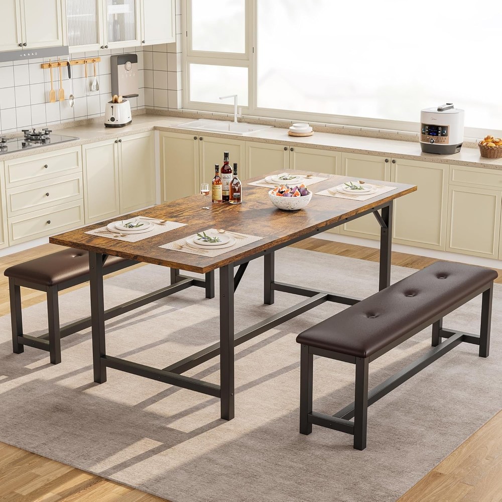 Dining Table Set for 4,63" Large Extendable Dining Room Table Set with 2 Benches