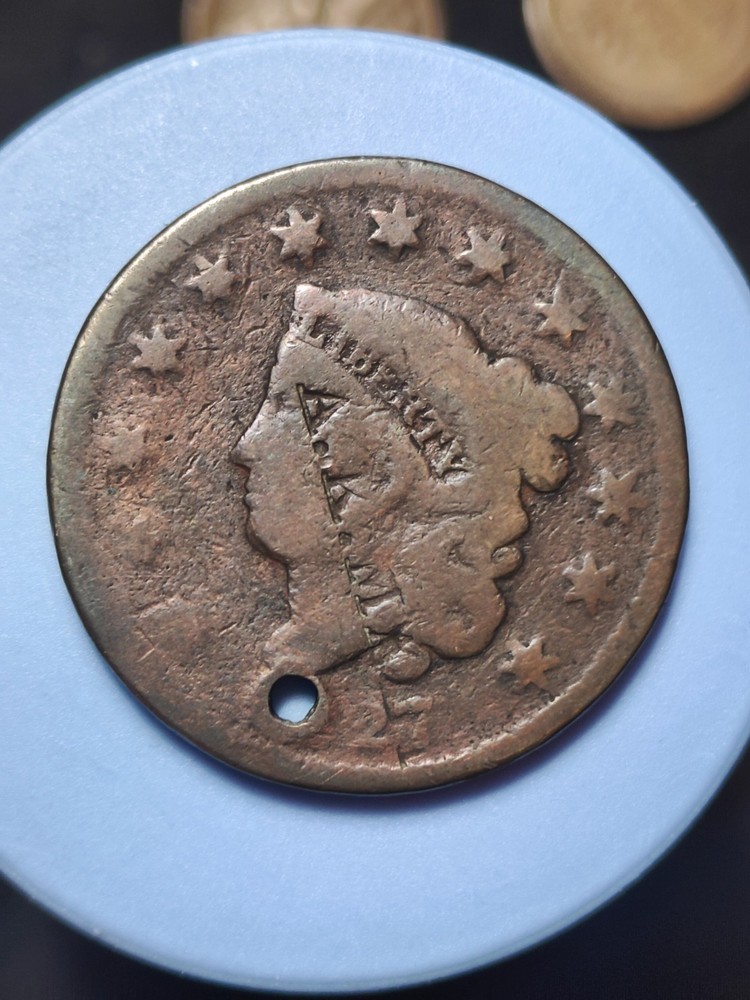 1827 Large Cent Holed Counterstamped #677
