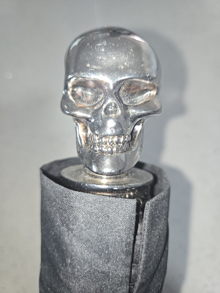 Used-Alexander McQueen folding umbrella. Black Canopy Silver Skull Handle