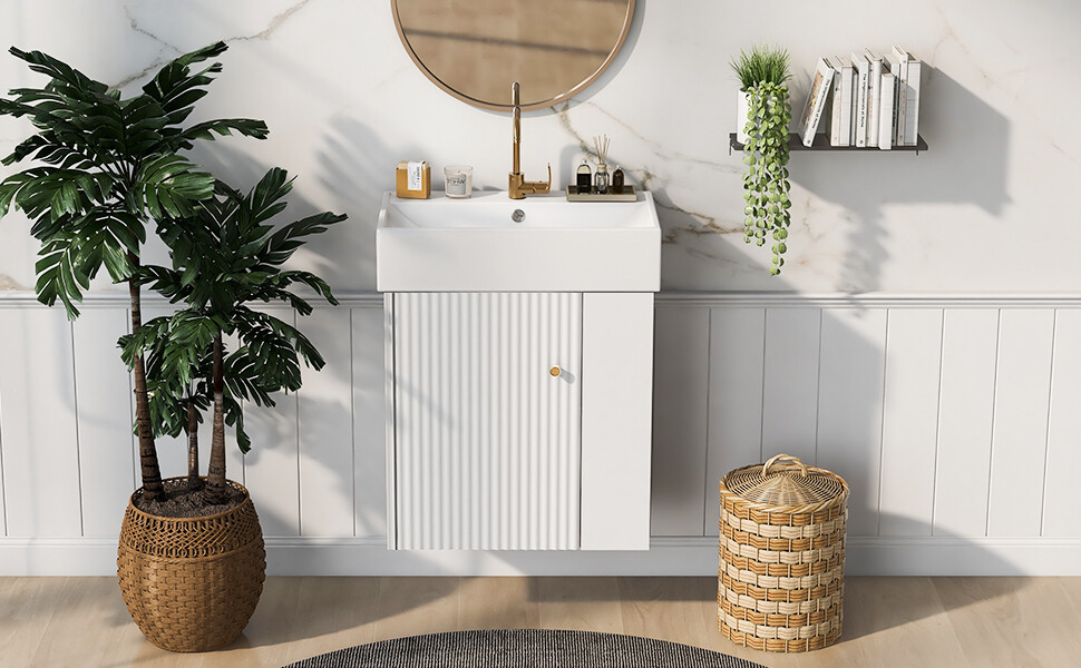 21.6"Wall Mounted Bathroom Vanity W/Ceramic Basin Small Space Right Side Storage