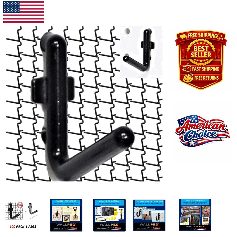 Durable Black L-Style Pegboard Hook Set - 100 Heavy-Duty Self-Locking Hooks