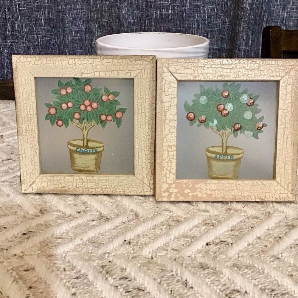 VTG 2 PC Folk Art Cherry & Apple Trees Plaques 6”x6”