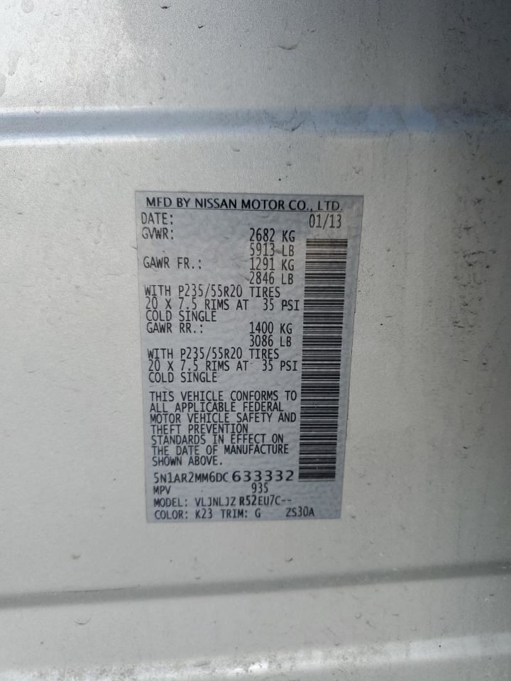 Driver Tail Light Quarter Panel Mounted OEM 13-16 PATHFINDER 1353131