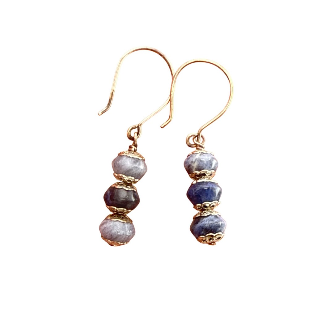 Blue Sodalite Gemstone Beaded Dangle Earrings Sterling Silver Hook Handmade