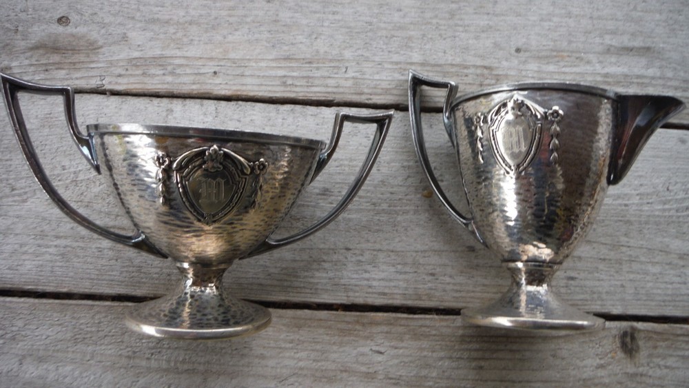 MCM Sheffield Creamer & Sugar Hammered Silverplate w/ Shield "M" Monogram - EUC