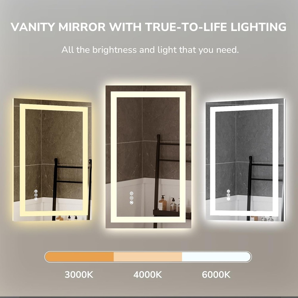 USHOWER 24x36" LED Bathroom Mirror AntiFog Dimmable Backlit Frameless Wall Mount