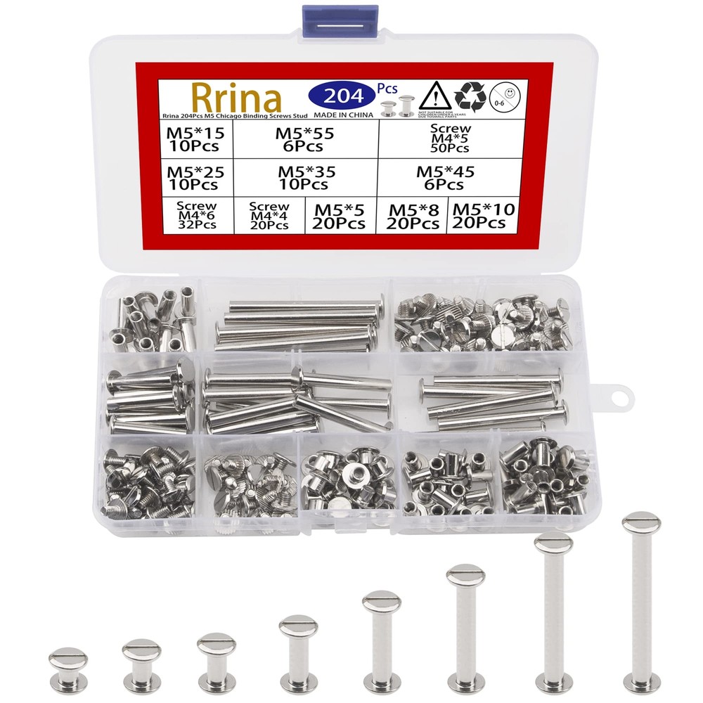 204Pcs M5 Chicago Binding Screws Stud Posts Rivet Button Assortment Kit for D...