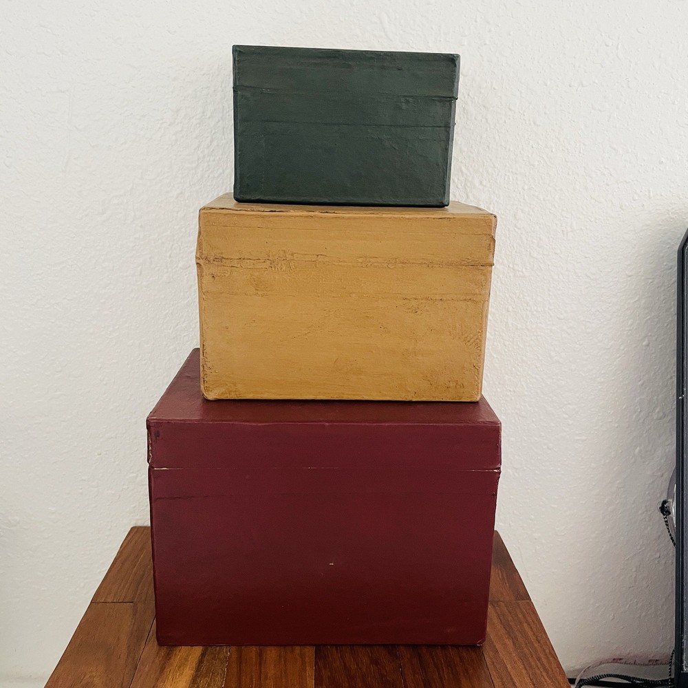 Primitive Farmhouse Rustic AGED STACKING BOXES Recipes Matches Tea 3 decorative