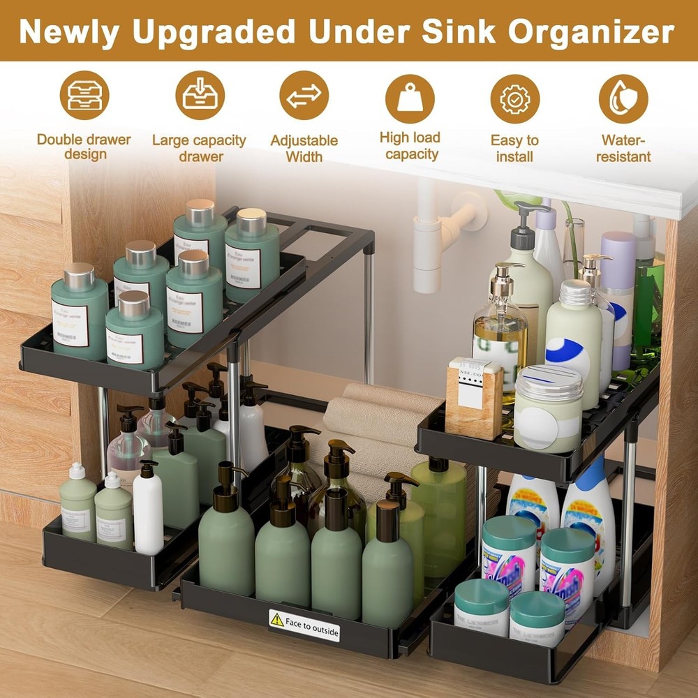 Expandable Under Sink Organizer 2 Tier Under Cabinet Organizer Double Pull Out