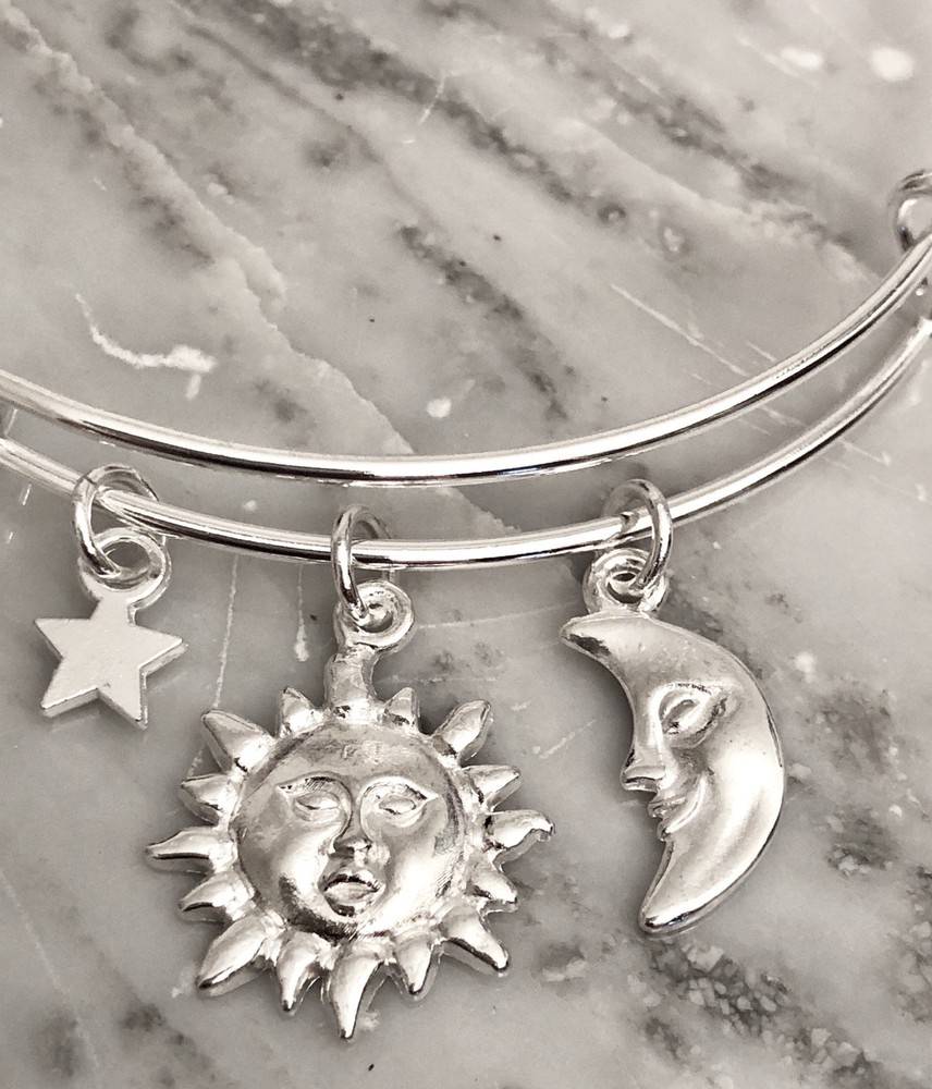 Sun Moon and Star Celestial bright Silver charm Expandable Bangle Bracelet